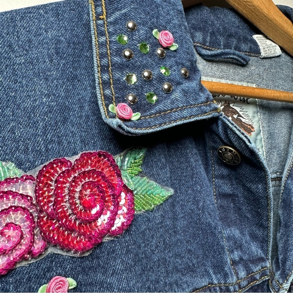 Vintage East West 80s 90s Sequin Floral Embellished Cotton Denim Jacket Sz L - Picture 10 of 10